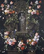 Daniel Seghers Garland of flowers with a sculpture of the Virgin Mary oil painting
